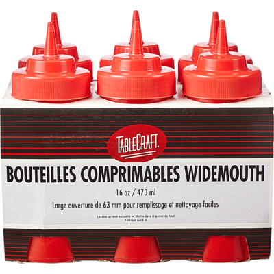 GFS Bouteille distributrice carrée Tablecraft rouge 475 ml (16 oz) 6x1.0 ea, 3,00 $/1ch