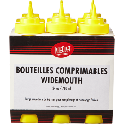 GFS Bouteille distributrice carrée Tablecraft jaune 710 ml (24 oz) 6x1.0 ea, 1,83 $/1ch