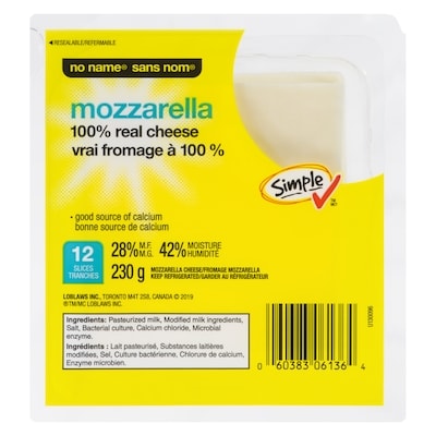 No Name Mozzarella 100% Real Cheese Slices  230 g, $2.39/100g
