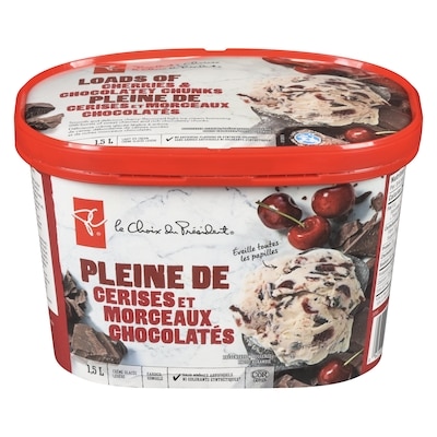 le Choix du Président Crème glacée légère pleine de cerises et morceaux chocolatés 1.5 l, 0,50 $/100ml