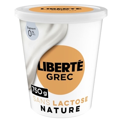 Liberté Grec Yogourt 0 % Sans lactose, Nature, Teneur élevée en protéines 750 g, 1,13 $/100g