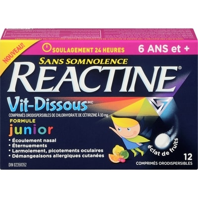 Réactine Comprimés orodispersibles de chlorhydrate de cetirizine à 10 mg formule junior éclat de fruits 6 ans + 12 ea, 1,29 $/1ch