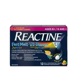 Réactine Comprimés orodispersibles de chlorhydrate de cetirizine à 10 mg formule junior éclat de fruits 6 ans + 12 ea, 1,46 $/1ch