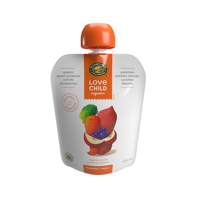 Love Child Organics Organic Apples, Sweet Potatoes, Carrots + Blueberries Puree 128 ml, $1.79/100ml