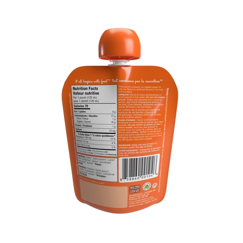 Organic Apples, Sweet Potatoes, Carrots + Blueberries Puree