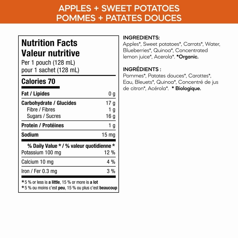 Organic Apples, Sweet Potatoes, Carrots + Blueberries Puree