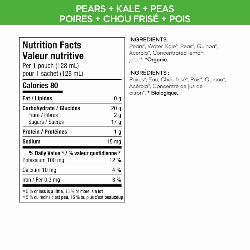 Organic Pears, Kale + Peas Puree