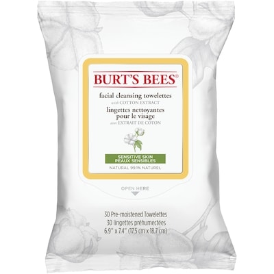 Burt’s Bees Lingettes nettoyantes pour peaux sensibles avec extrait de coton 30 ea, 0,33 $/1ch