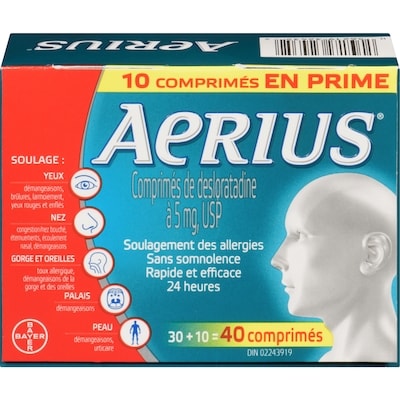 Aerius Allergies soulagement rapide et sans somnolence durant 24 heures 40 ea, 1,02 $/1ch
