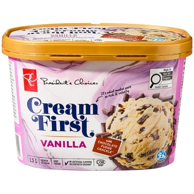President's Choice Cream First Vanilla with Chocolate Fudge Crackle Premium Ice Cream 1.5 l, $0.47/100ml