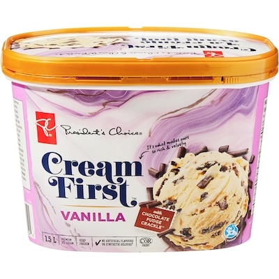 President's Choice Cream First Vanilla with Chocolate Fudge Crackle Premium Ice Cream 1.5 l, $0.50/100ml
