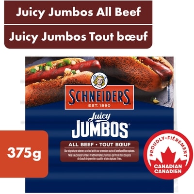 Schneiders Juicy Jumbos All Beef Hot Dogs 375 g, $2.67/100g