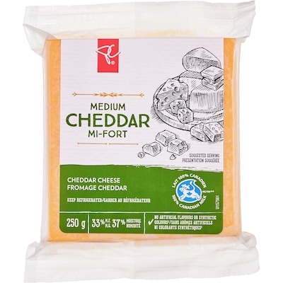 President's Choice Medium Cheddar Cheese 250 g, $3.60/100g