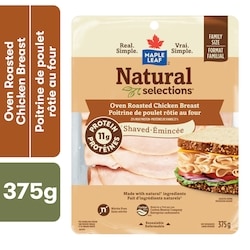 Maple Leaf Poitrine de poulet rôtie au four émincée Natural Selections Format familial 375 g, 40,00 $/1kg 4,00 $/100g