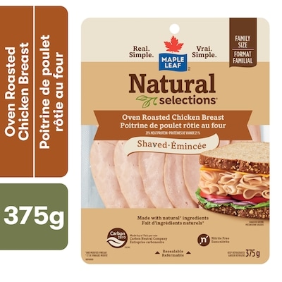 Maple Leaf Poitrine de poulet rtie au four mince Natural Selections Format familial 375 g, 42,64 $/1kg 4,26 $/100g