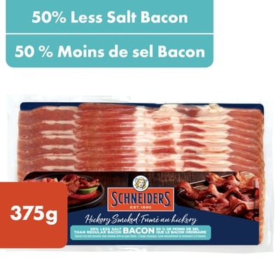 Schneiders Bacon 50 % moins de sel fumé au bois de hickory 375 g, 2,40 $/100g