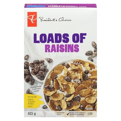 President's Choice Loads Of Raisins Raisin Bran Cereal 625 g, $0.88/100g
