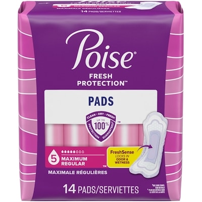 Poise Serviettes pour incontinence Poise, absorption maximale, longueur ordinaire, 14 serviettes 14 ea, 0,64 $/1ch