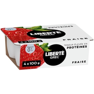 Liberté Grec Yogourt 0 %, emb de 4, Fraise, Teneur élevée en protéines et en probiotiques 4x100.0 g, 1,50 $/100g