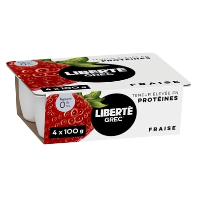 Liberté Grec Yogourt 0 %, emb de 4, Fraise, Teneur élevée en protéines et en probiotiques 4x100.0 g, 1,37 $/100g