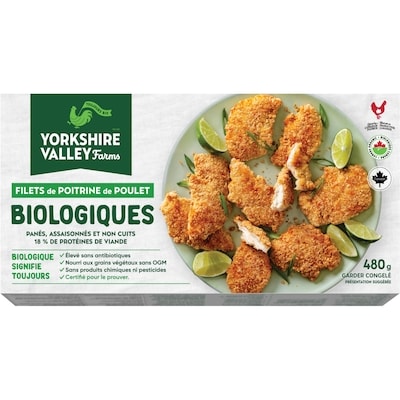 null Filets de poitrine de poulet biologique panés 480 g, 3,13 $/100g