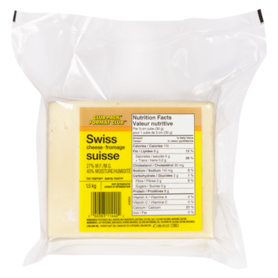 No Name Swiss Cheese, Club Size 1.5 kg, $1.83/100g