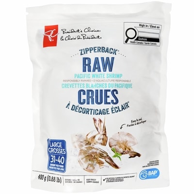 President's Choice Zipperback Pacific White Shrimp Raw 400 g, $2.00/100g