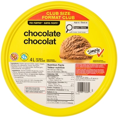 Sans Nom Lait glacé au chocolat, format club 4 l, 0,19 $/100ml