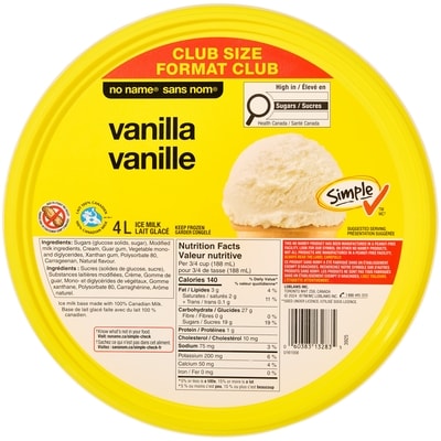 Sans Nom Lait glacé à la vanille, format club 4 l, 0,19 $/100ml
