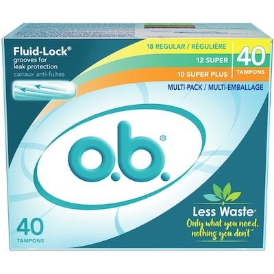 o.b. Multi-emballage de tampons o.b. originaux sans applicateur à absorptivité régulière, super et super plus, 40u 40 ea, 0,25 $/1ch