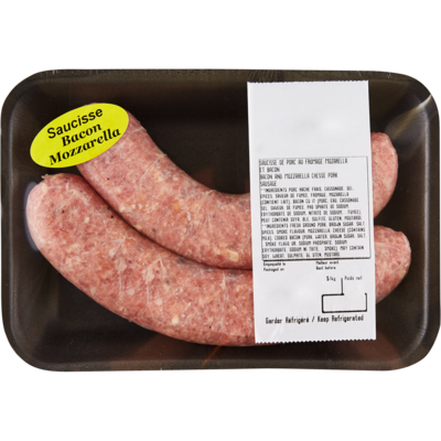 null Saucisse de porc, bacon et mozzarella 16,54 $/1kg 7,50 $/1lb