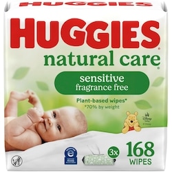 Huggies Lingettes pour bébés Natural Care pour peau sensible, NON PARFUMÉES, 3 emballages à couvercle rabattable, total de 168 lingettes 168 ea, 0,06 $/1ch