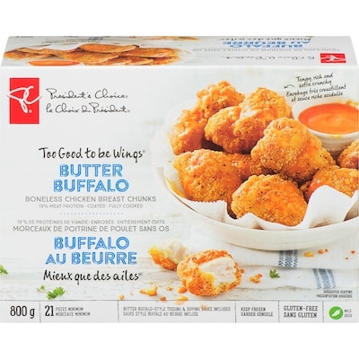 President's Choice Too Good To Be Wings Boneless Chicken Breast Chunks, Butter Buffalo 800 g, $2.12/100g