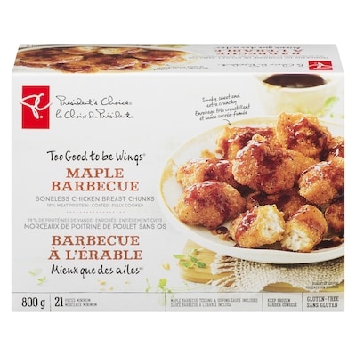 President's Choice Too Good To Be Wings Maple Barbecue Boneless Coated Chicken Breast Chunks 800 g, $1.94/100g