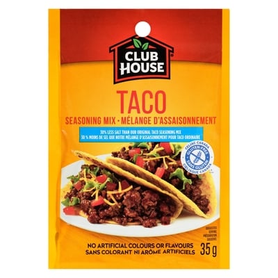 Club House Mélange d'assaisonnement taco sans gluten, moins de sel 35 g, 4,26 $/100g