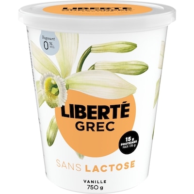 Liberté Grec Yogourt 0 % Sans lactose, Vanille, Teneur élevée en protéines 750 g, 1,07 $/100g