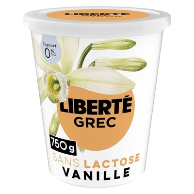 Liberté Grec Yogourt 0 % Sans lactose, Vanille, Teneur élevée en protéines 750 g, 1,20 $/100g