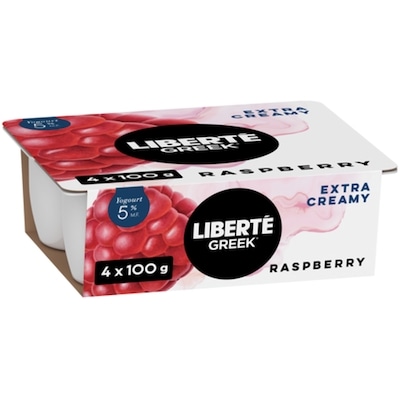 Liberte Greek 5% Extra Creamy Yogurt, Raspberry, High Protein 4x100.0 g, $1.50/100g