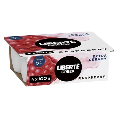 Liberte Greek 5% Extra Creamy Yogurt, Raspberry, High Protein 4x100.0 g, $1.50/100g