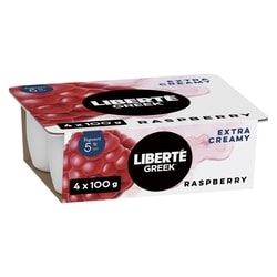 Liberte Greek 5% Extra Creamy Yogurt, Raspberry, High Protein 4x100.0 g, $1.37/100g