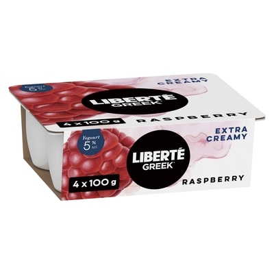 Liberte Greek 5% Extra Creamy Yogurt, Raspberry, High Protein 4x100.0 g, $1.12/100g