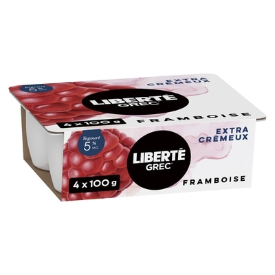 Liberté Grec Yogourt Extra crémeux 5 %, Framboise, Teneur élevée en protéines 4x100.0 g, 1,37 $/100g