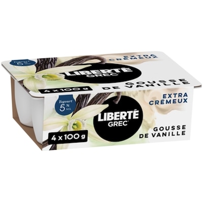 Liberté Grec Yogourt Extra crémeux 5 %, Gousse de vanille, Teneur élevée en protéines 4x100.0 g, 1,50 $/100g
