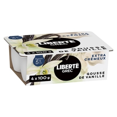 Liberté Grec Yogourt Extra crémeux 5 %, Gousse de vanille, Teneur élevée en protéines 4x100.0 g, 1,50 $/100g