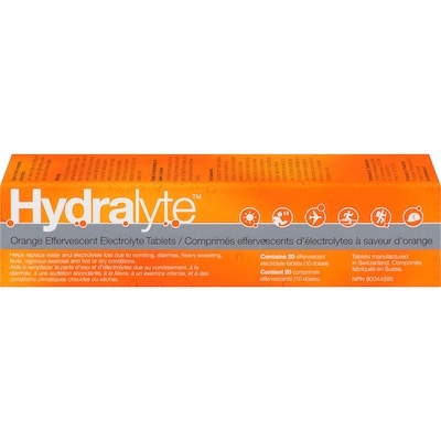 Hydralyte Comprimés effervescents d’électrolytes saveur d’orange 20 ea, 0,79 $/1ch