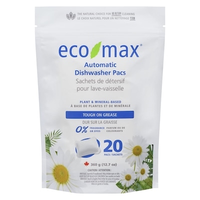 Eco-Max Sachets de détersif hypoallergénique pour lave-vaisselle 20 ea, 0,30 $/1ch