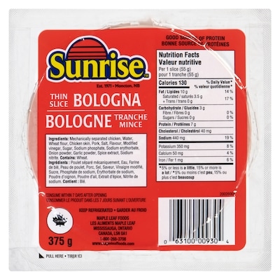 Sunrise Thin Sliced Bologna 375 g, $1.87/100g
