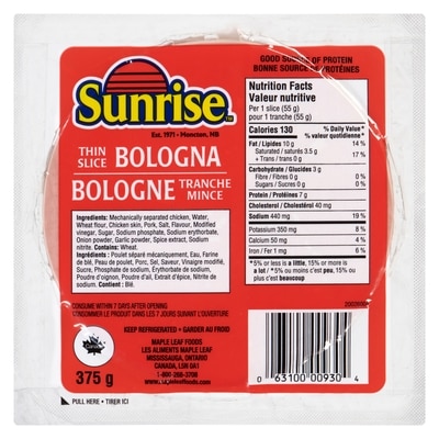 Sunrise Bologne en tranches minces 375 g, 1,87 $/100g