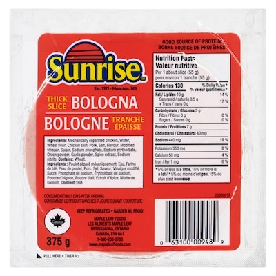 Sunrise Thick Sliced Bologna 375 g, $1.87/100g