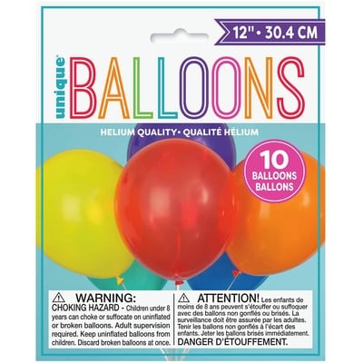 Unique 12" Latex Balloons, 10ct - Assorted 10x1.0 ea, $0.20/1ea